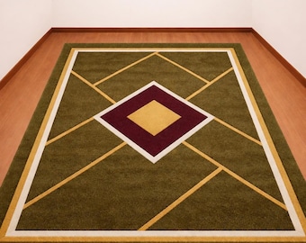 Handmade Geometric Wool Rug, Olive Green Burgundy Diamond Tufted Area Carpet