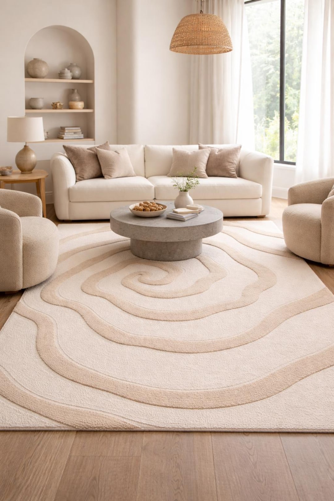 Hand Tufted Wool Rug, Topographic Spiral Design, Neutral Beige Carpet ...