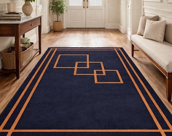 Hand Tufted Wool Rug, Navy Orange Geometric Squares, Modern Abstract Area Carpet