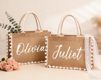 Personalized Burlap Tote Bag, Jute Beach Bag, Bridesmaid Gift, Bridal Shower Keepsake