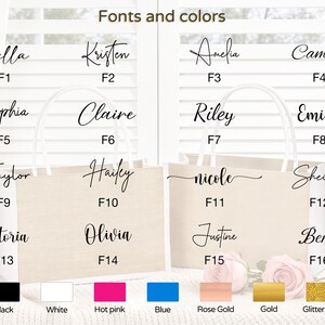 May include: Two beige tote bags with white handles, each displaying a different name in various fonts. The image also shows a color palette with options like black, white, hot pink, blue, rose gold, gold, and glitter gold.
