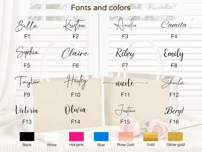 May include: Two beige tote bags with white handles, each displaying a different name in various fonts. The image also shows a color palette with options like black, white, hot pink, blue, rose gold, gold, and glitter gold.