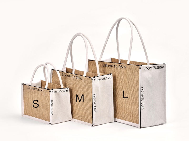 May include: Three jute tote bags in sizes S, M, and L, with white trim and handles. Measurements are provided in inches: S is 8.66" x 6.30" x 5.12", M is 12.60" x 8.66" x 5.12", and L is 14.96" x 10.63" x 6.69".