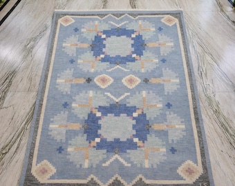 Alfombra Kilim de lana tejida a mano: estilo escandinavo en azul pastel y beige