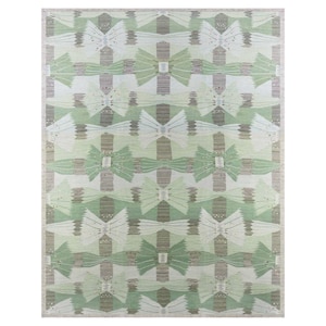Handwoven Scandinavian Rollakan Rug: Green Wool Kilim, Boho Decor
