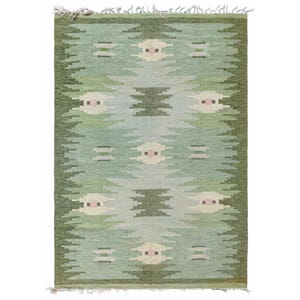 Handwoven Scandinavian Rollakan Rug: Green Wool Kilim, Boho Decor