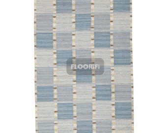 Op de afbeelding: Rechthoekig vloerkleed met een geometrisch patroon. Het vloerkleed heeft een rasterontwerp met afwisselende vierkanten in lichtblauw, middenblauw en grijs. Verticale strepen in beige en crème scheiden de vierkanten. Het vloerkleed is gemaakt van geweven materiaal.