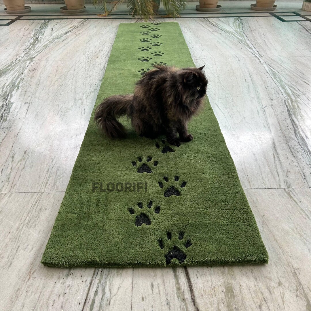 Hand Tufted Paw Print Runner Rug, Green Hallway Runner, Cat Paw ...