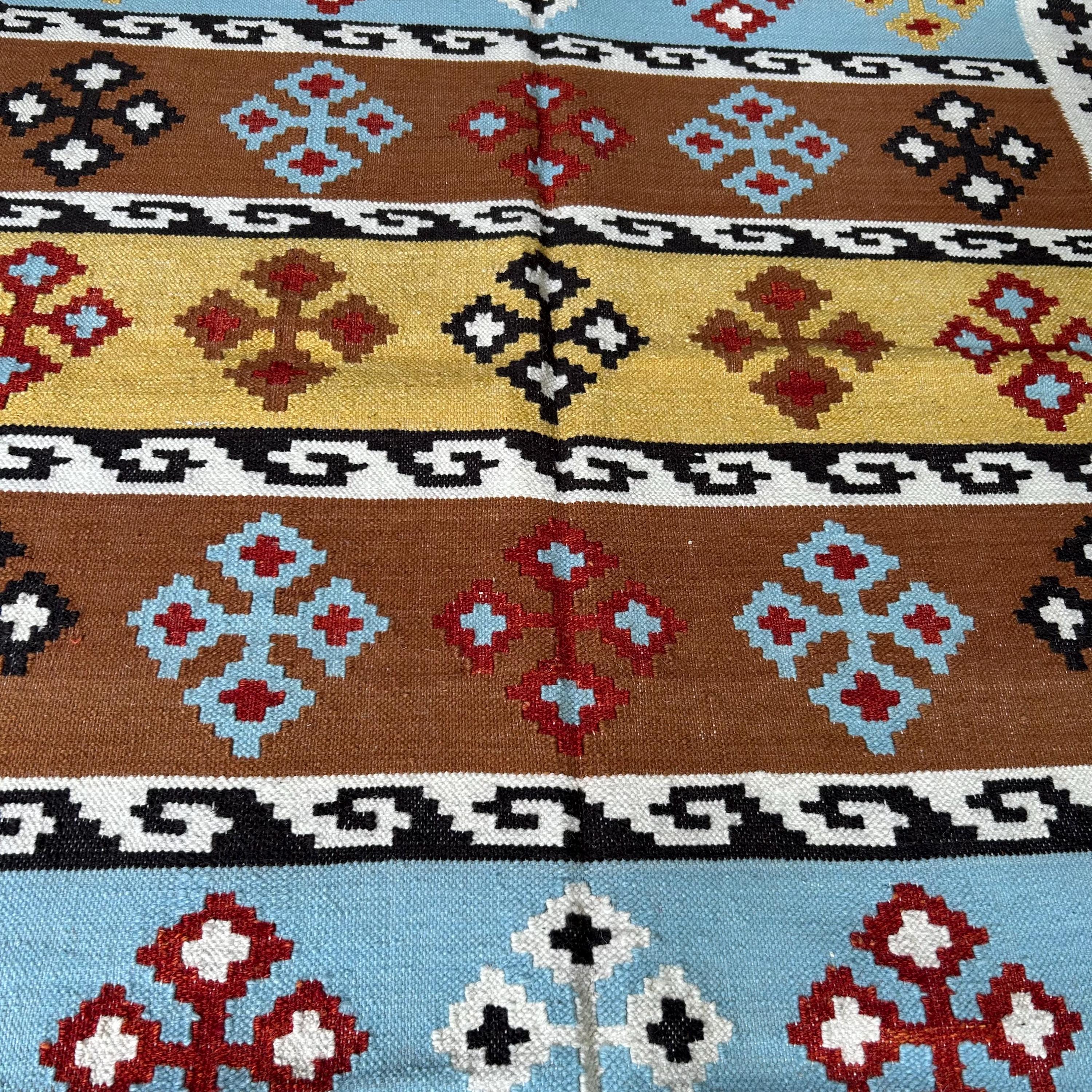 手織りトライバルキリムウールラグ - マルチカラーヴィンテージ風幾何