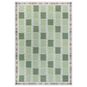 Handwoven Swedish Rollakan Rug: Green Geometric Wool Kilim, Mid-Century Modern