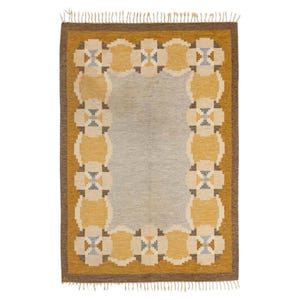 Handwoven Wool Kilim Rug: yellow and beige Floral Border, Scandinavian Boho Style