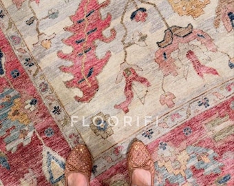 Hand Knotted Wool Oushak Rug | Muted Pink Floral Carpet