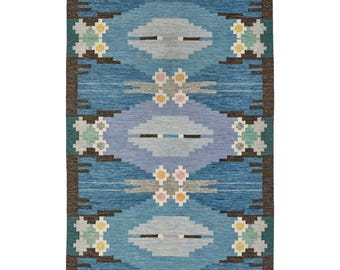 Kilim plano tejido a mano: alfombra escandinava sueca geométrica azul