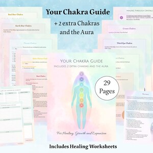 以下が含まれることがあります： 「Your Chakra Guide」というタイトルの印刷可能なガイドとワークシートのセットで、「+ 2 extra Chakras and the Aura」というテキストが含まれています。ガイドには29ページとヒーリングワークシートが含まれています。表紙にはチャクラのシンボルを持つ人間の姿が描かれています。