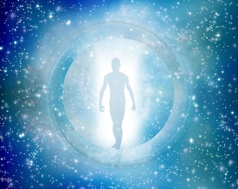 May include: A silhouette of a person stands in a bright, glowing circle, surrounded by a swirling blue and white galaxy. The image evokes themes of spirituality, the cosmos, and the human form.