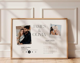 Personalized Couple Photo Collage with Calendar and Song, Valentines Day Gift Last Minute, Photo Poster Memorable Gift for Partner