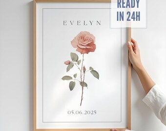 June Birth Flower Print – Rose Watercolor Name Poster, Custom Digital Art for Nursery Decor, Baby Girl Name Poster