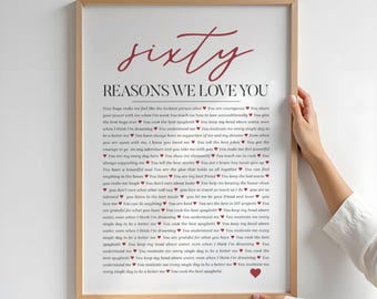 Personalized 60th Birthday Poster - Sixty Reasons We Love You Milestone Birthday Gift, Printable Keepsake for Mom or Dad