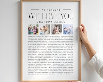 Custom 70th Birthday Poster with Photo Collage -  Reasons We Love You - Personalized Keepsake for Grandma, Grandpa Gift