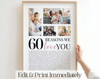 60 Reasons We Love You — Editable Photo Poster Template - Personalized Printable Gift, Heartfelt Modern Design, Last-Minute Family Gift