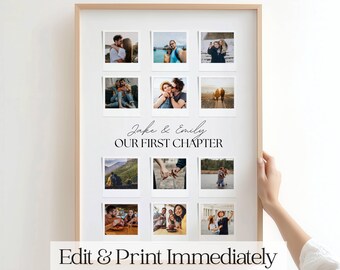 Personalized Polaroid Photo Collage Timeline, Our First Chapter Print - 1st Anniversary Gift - Canva Template with 12 Photo Frames