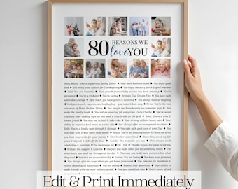 80th Birthday Gift - Poster with Photo Collage, Canva Template, Modern Printable Gift - Reasons We Love You Sign