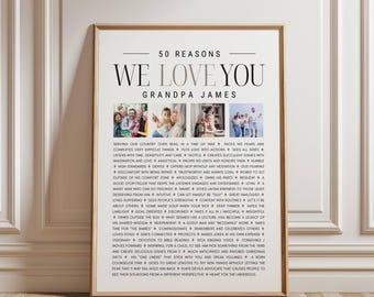 Personalized 50th Birthday Poster with Photo Collage -  Reasons We Love You - Custom Print in Minimalistic Style for Party Decor