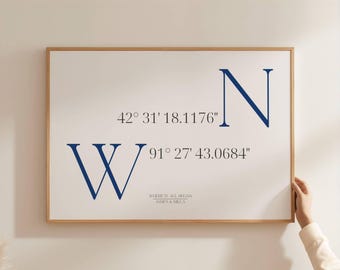 Horizontal GPS Coordinates Print, Great keepsake for travels, engagements, anniversaries, Housewarming Gift,  Custom Coordinates Poster