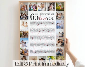 65 Reasons We Love You Photo Poster - Canva Template - Instant Access Personalized 65th Birthday Gift for Mom Dad Photo Collage