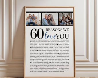 60 Reasons We Love You Poster with Photo Collage: Personalized Birthday Gift for Grandma, Printable Keepsake for Grandpa Bday Party