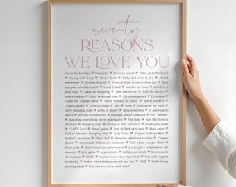 Póster "70 razones por las que te amamos": Regalo personalizado de cumpleaños y aniversario (archivo digital), impresión personalizada con significado, recuerdos familiares favoritos