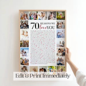 May include: A framed print with a light wood border, featuring a collage of family photos and the text "70 Reasons We Love You." The print includes a list of reasons and the words "Edit & Print Immediately."