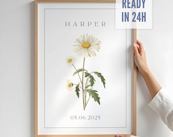 April Birth Flower Print – Daisy Watercolor Name Poster, READY IN 24H, Botanical Art for Nursery Decor