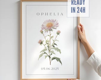 Bloemenprint geboorte augustus – aquarel naamposter aster, digitale download - poster voor meisjeskamer, decoratie kinderkamer