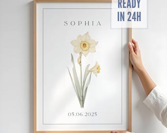 Bloemenprint geboorte maart – narcis aquarel naamposter voor kinderkamerdecoratie, afdrukbare muurkunst kindernaam