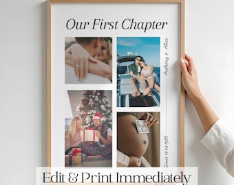 Personalized Our First Chapter Print - 1st Anniversary Gift - Canva Template with Photo Collage - Anniversary Gift for Wife, Home Decor