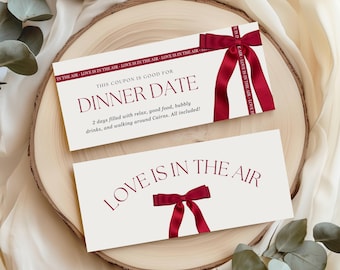 Valentine’s Day Gift Voucher with Red Bow, Editable Gift Ticket Template: Birthday, Date Night Coupon, Gift for Her, Gift Card Editable