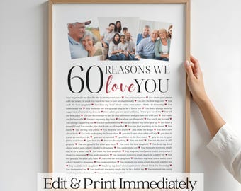 60 Reasons We Love About Print Template, Photo Collage, 60 Things We Love About You, Printable Canva Template, 60th Birthday Decor