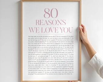 80 Reasons We Love You-poster: elegant gepersonaliseerd verjaardagscadeau, jubileumcadeau (digitaal bestand), afdrukbaar last minute verjaardagscadeau