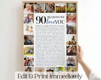90 Reasons We Love You Photo Collage TEMPLATE, Personalized 90th Birthday Gift for  Mom Dad Grandparent, Canva Template Printable
