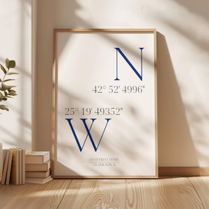 May include: A framed print with a cream-colored background and dark blue text. The print features the letters "N" and "W" with coordinates and the text "OUR FIRST HOME CLARKSON, IL". The frame is a light wood color.