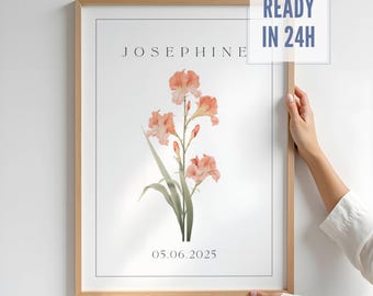 August Birth Flower Print – Gladiolus Watercolor Name Poster, Custom Digital Art for Nursery Decor, Baby Girl Name Poster