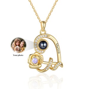 Custom Photo Projection Birthstone Necklace – Personalized Gold Plated Jewelry – Hidden Picture Gift for Her