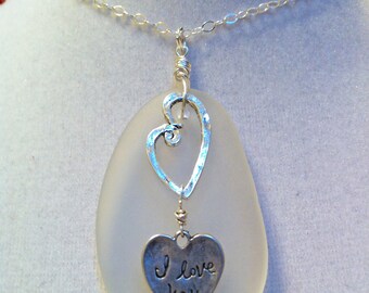 Pretty Beach Sea Glass & Heart I LOVE YOU Necklace