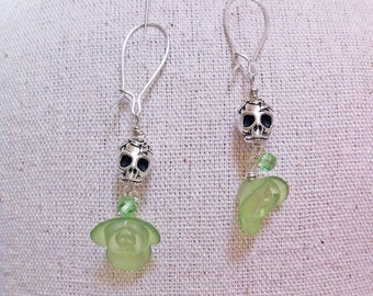 Pretty Halloween Dia de los Muertos Skull and Flowers Silver Plated Earrings