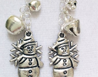 Adorable Snowman Snowflake & Jingle Bells Earrings