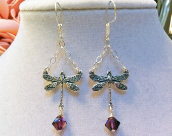 Pretty Dragonfly and Swarovski Crystal Drop Earrings