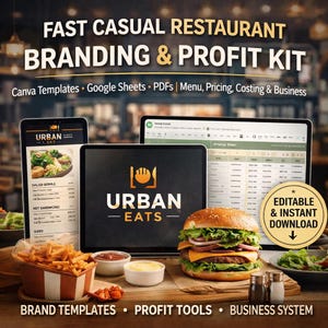 Trousse de marque et de profit pour restaurant rapide et décontracté | Modèles Canva + feuilles Google + PDF | Menu, tarification, calcul des coûts + boîte à outils professionnelle