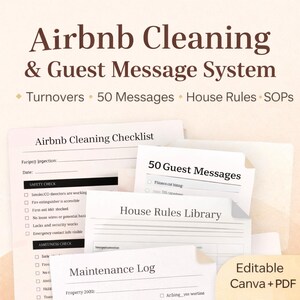 Könnte beinhalten: Eine Sammlung druckbarer Airbnb-Dokumente, darunter eine Reinigungscheckliste, Gästenachrichten, Hausregeln und ein Wartungsprotokoll. Die Dokumente sind zur einfachen Bearbeitung in Canva und PDF.