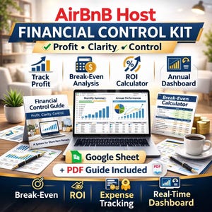 Puede incluir: Imagen que promociona un kit de control financiero para anfitriones de Airbnb. La imagen incluye una computadora portátil que muestra gráficos, una taza de café, una guía financiera e iconos para el seguimiento de ganancias, el análisis del punto de equilibrio y el cálculo del ROI. El texto incluye "Profit, Clarity, Control."